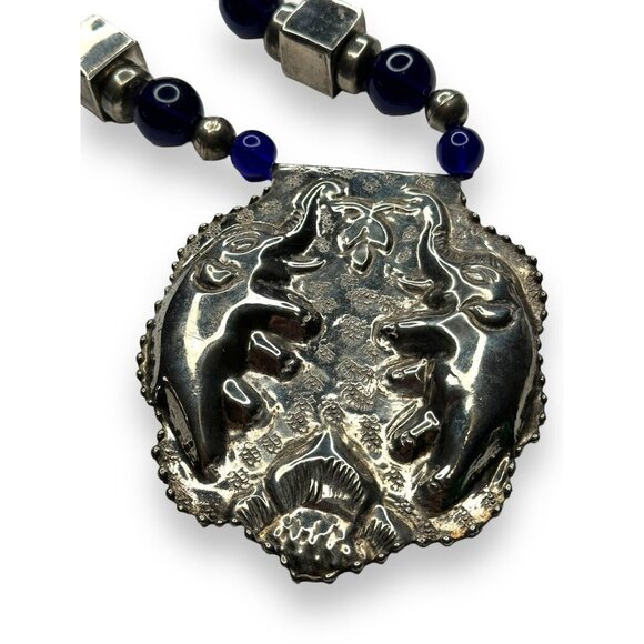 Vintage Tribal Silver Tone Statement Necklace Elephant Pendant Blue Beads 28in - Picture 2 of 12